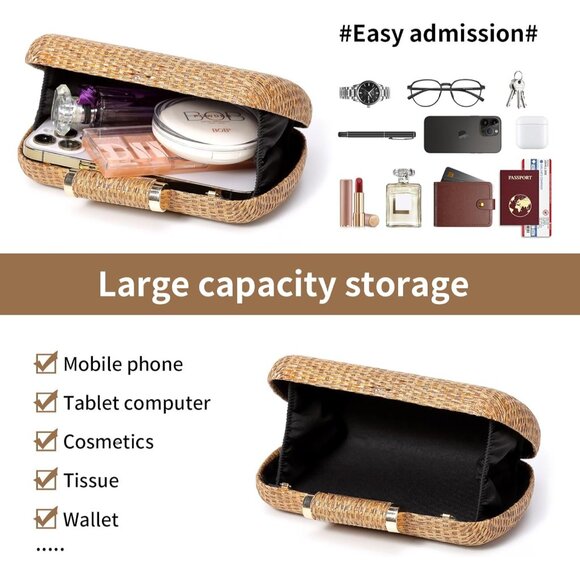 Brown Straw Clutch Purse Women's Hand-Woven Wicker Evening Bag for Summer Weddin - Picture 3 of 7